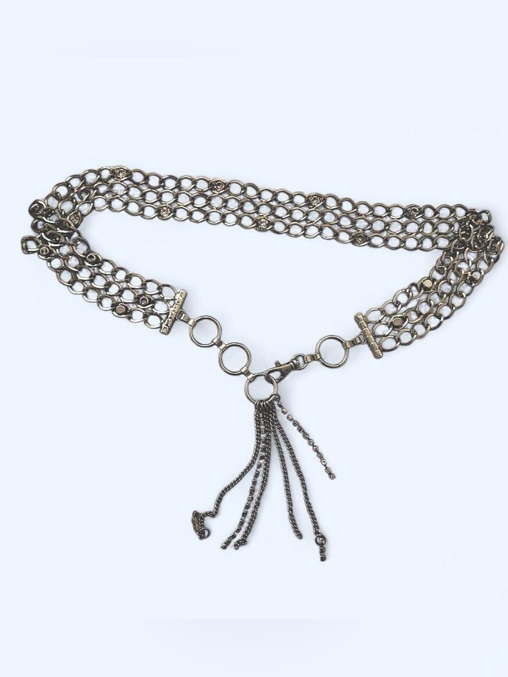 Y2K Silver Tone Studded Sparkly Chain Link Belt Tassels